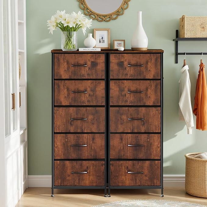 Nightstand, 5 Drawer Dresser End Table Bedside Furniture with Wooden Top Steel Frame Fabric Bins for Bedroom, Closet, Entryway, Dorm, Living Room, Brown