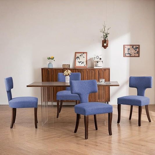 Mid Century Modern Dining Chairs Set of 4, Upholstered Side Dining Chairs with Curved Back Linen Fabric Armless Wood Chairs Kitchen & Dining Room Farmhouse Chairs (Blue)