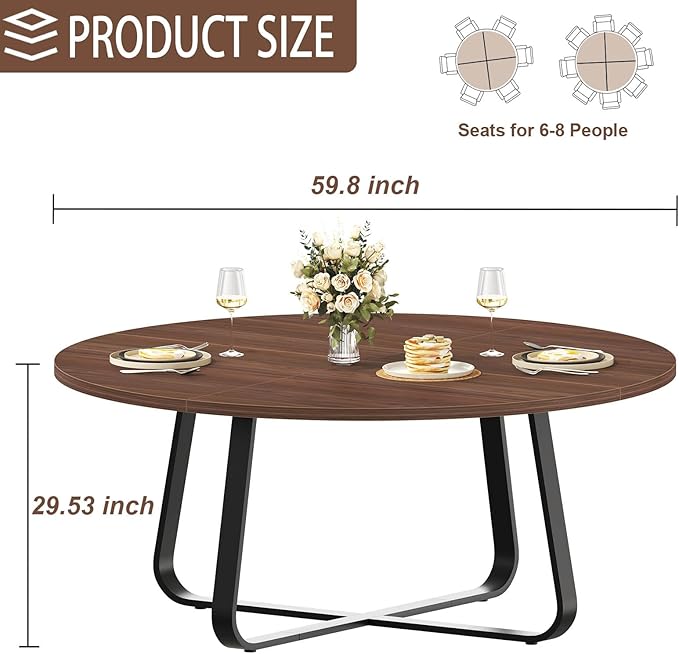 LVB 60-Inch Round Dining Table, Modern Wood Metal Kitchen Tables, Industrial Large Dinner Room Table for 6 to 8, Circle Dining Room Tables for Home Kitchen Living Room, Walnut