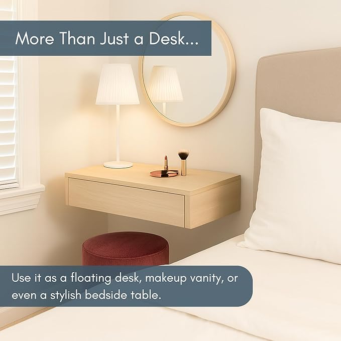 Sleekform Floating Desk for Wall with Drawer - 30x16x6 in. Floating Drawers, Wall Mounted Desk or Vanity Makeup Table, Modern White Oak Patterned Laminate