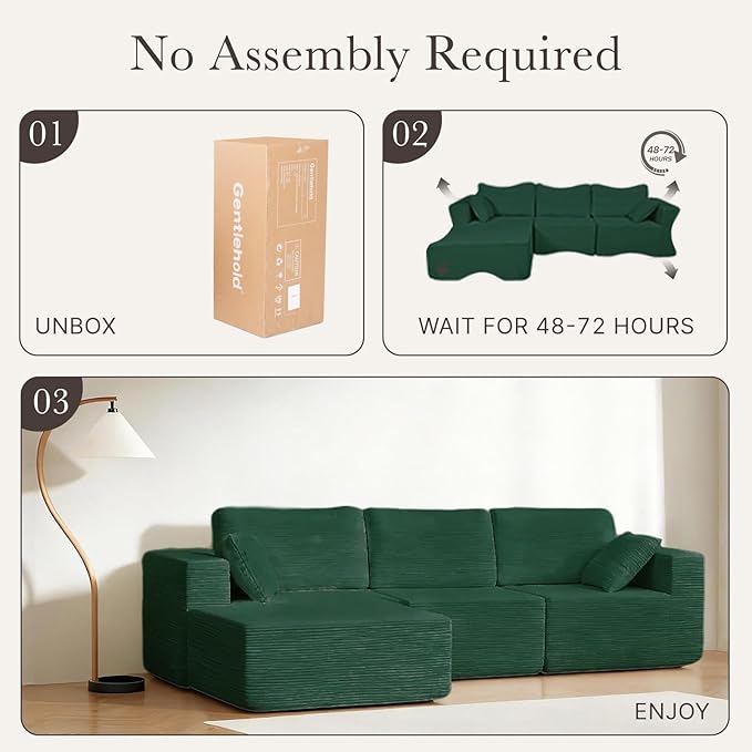 108” Modular Sectional Sofa Couch with Ottoman, 3-Seater Boneless Couch, L Shape Sectional Sofa Compressed Sofa for Living Room Bedroom, No Assembly Needed (Green, 3 Seats+1 Ottoman)