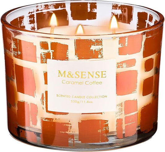 M&SENSE 3 Wick Caramel Coffee Scented, 11.6oz 60H Slow Burn, Soy Organic Wax Non Toxic Long Lasting, Jar Candle for Coffee Lover, Relaxing Aromatherapy Gifts for Women