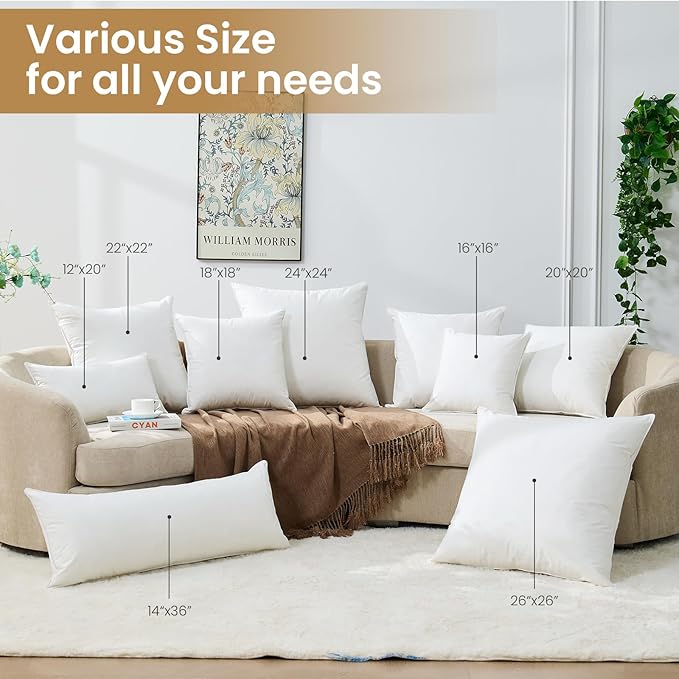 BHZ Euro Throw Pillow Inserts, 14x36 Down Feather Alternative Pillow Inserts Set of 2, Decorative Soft Large Square White Throw Pillows Insert for Couch Bed Dorm Sofa with Cotton Cover