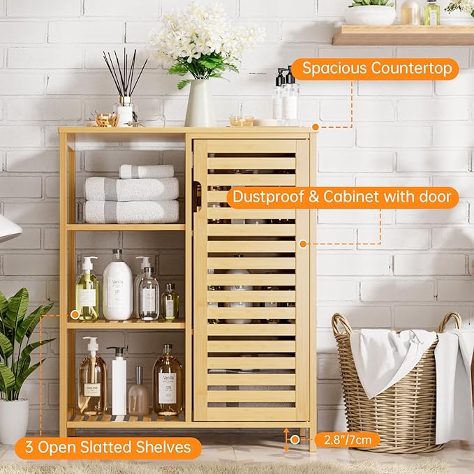 HITNET Bathroom Floor Cabinet, Bamboo Storage Cabinet with Door and 3 Open Shelves, Freestanding Side Kitchen Cupboard Organizer, Natural