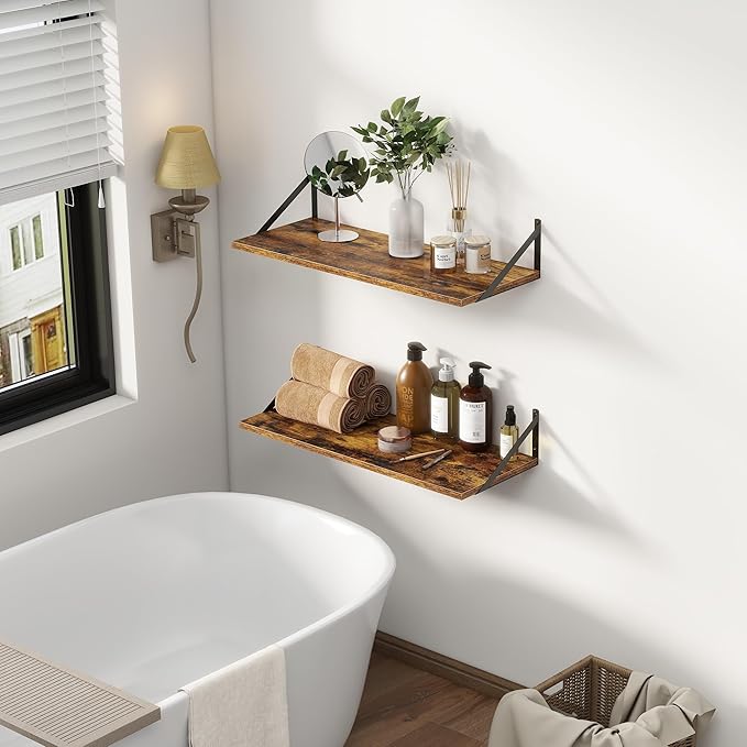 12 Inch Deep Floating Shelves, 30W x 12D Wall Shelves with Brackets, Floating Shelves 30 Inch Long, Rustic Wood Wall Shelf, Wide Storage Display Shelf for Kitchek, Living Room, Bathroom, Rustic Brown