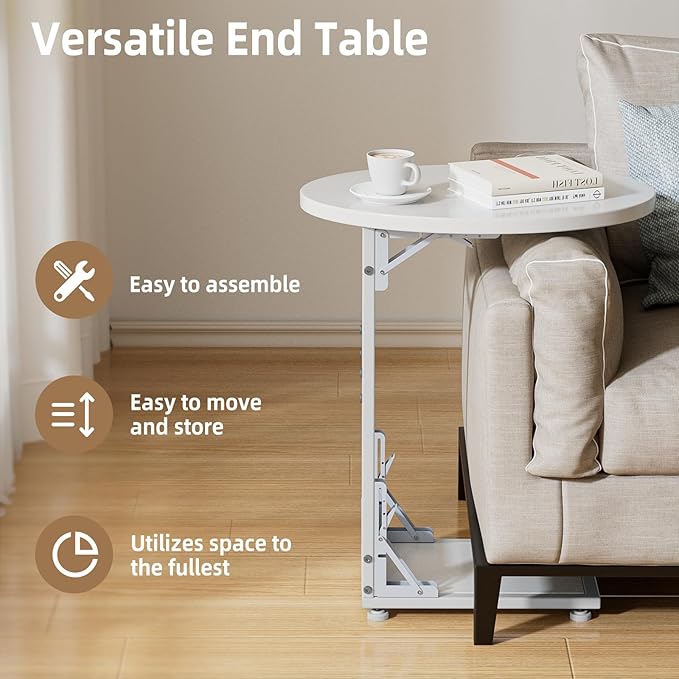 Elbourn Folding Side Table End Couch Tables,Metal Frame C-Shaped TV Stand for Living Room, Bedroom, Coffee Table(White)