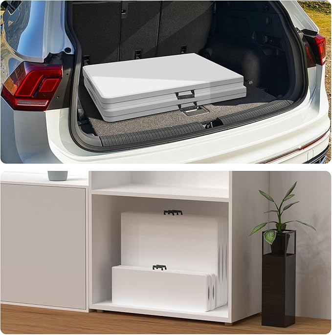 HLPB Folding Table Picnic Table Set, 6 ft Camping Table with 2 Benches, Outdoor Indoor Portable Folding Furniture for Working Meeting Party, Camping, Picnic, Weddings w/Handle and Safety Locks, White