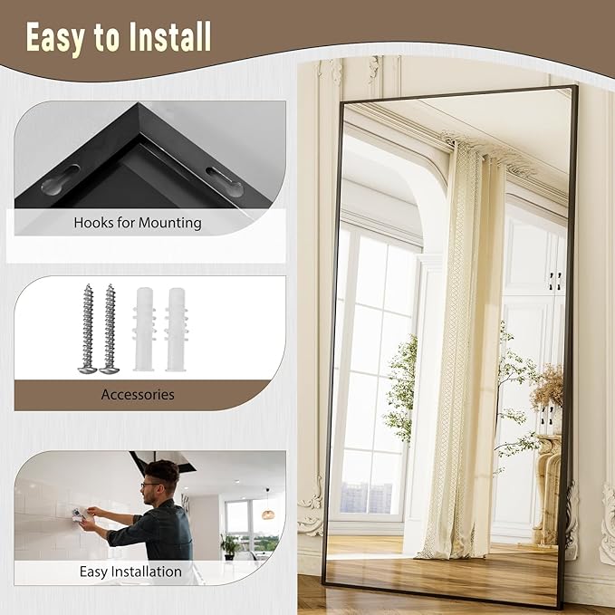 GLSLAND 77" x 38" Rectangular Full Length Mirror - Oversize Floor Mirrors Aluminum Alloy Frame Full Body Dressing Mirror for Bedroom Living Room,Black