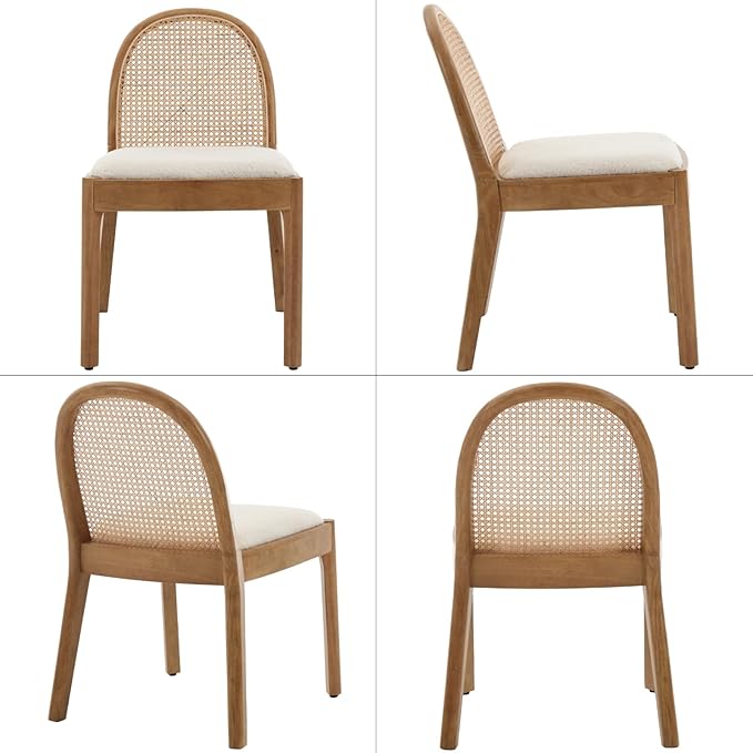 LukeAlon Modern Sherpa Dining Chairs Set of 4, Natural Woven Rattan Cane Back Side Chairs with Solid Wood Legs Mid Century Dinner Chairs for Kitchen Living Room, White