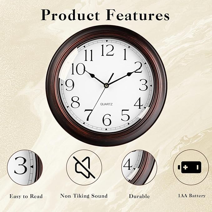 16 Inch Wall Clocks Battery Operated Silent Non-Ticking Wall Clock Vintage Retro Rustic Style Decorative for Living Room Kitchen (Bronze)