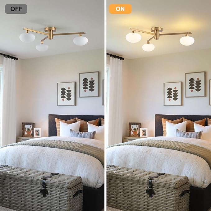 Semi Flush Mount Ceiling Light Fixture, Mid Century Modern 3-Light 22.5" Lighting Fixtures Ceiling, Matte Gold Ceiling Lights for Bedroom, Entryway, Hallway, Bathroom, Kitchen, Dining Room