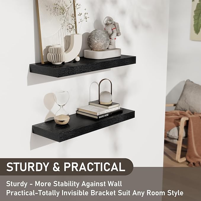 Floating Shelves for Wall, 24 Inch Floating Shelves Set of 2, Wall Mounted Rustic Wood Shelf for Bathroom, Living Room, Bedroom and Kitchen, Hanging Shelf for Storage, Books, Home Decor, Black