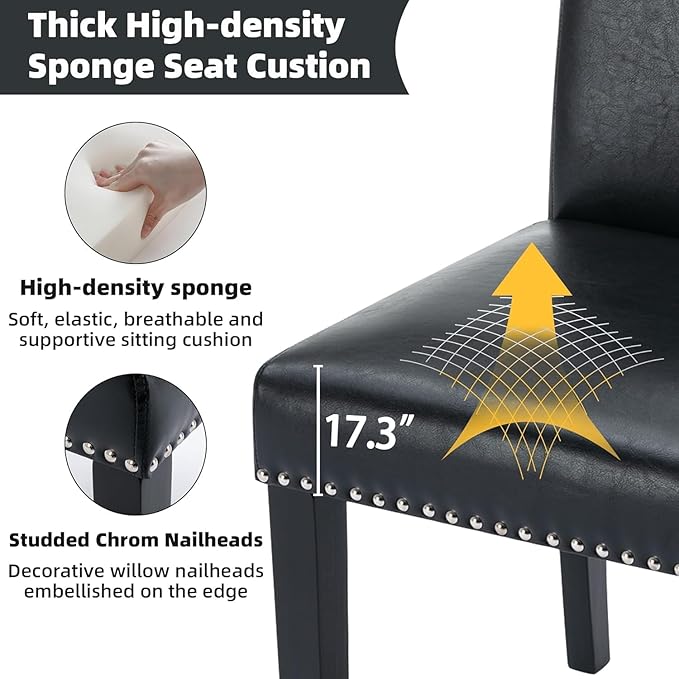 Westice Dining Room Chairs Set of 6 Upholstered PU Leather Kitchen Chairs Dining Room Side Chair with Nailhead Trim and Rubber Wood Legs for Small Space Apartment, Black