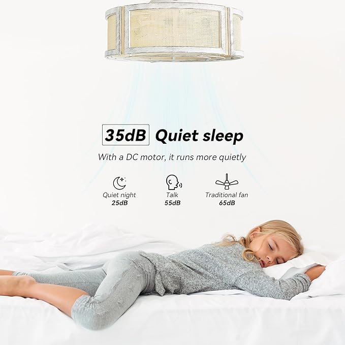 20" Boho Ceiling Fans with Lights, Rattan Flush Mount Ceiling Fan with Light Remote Control with Caged 6 Speeds for Bedroom, Nursery, Living Room (White)