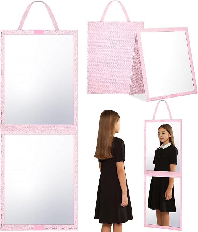 Foldable Travel Portable Full Length Mirror, Dance Bag Hanging Mirror, Full Body Mirror for Dance, Camping, Travel, Dance Competition Must Haves Backstage Folding Hanging Mirror (Pink, 33*13 Inch)