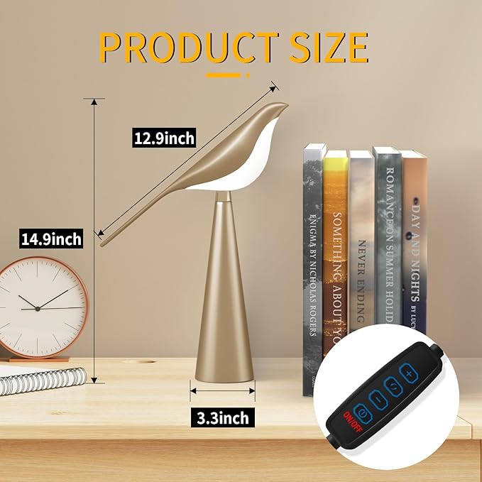 Small Desk Lamp, Bird Lamp, 10 Level Dimmable Brightness Bedside Night Light, Bedroom Table Lamp for Dorm, Office, Gifts, Reading, 3 Colors, Metal Finish, Gold, 360° Rotation