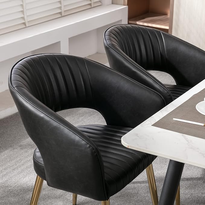 Modern Dining Chairs Set of 8, Upholstered PU Leather Gold Dining Room Chairs with Hollow Back, Accent Armrest Kitchen Chairs with Gold Legs for Living Room Black