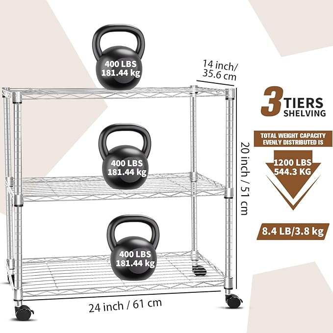Whitmor 3 Tier Storage Shelving, Heavy Duty with Wheels, Adjustable Steel Organizer, 400 lbs Capacity per Shelf, Max 1200 lbs Total for Garage, Kitchen, Bathroom, 24" L x 14" W x 20" H, Chrome