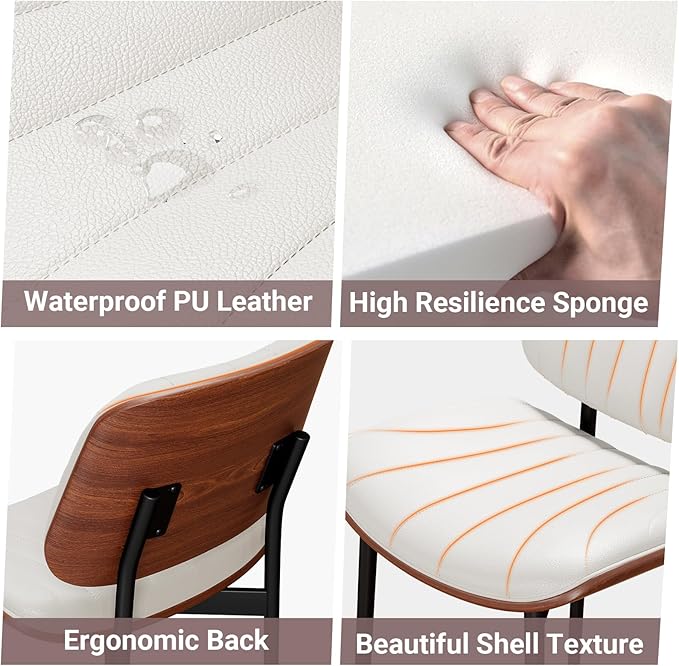 Dining Chairs Set of 6, Mid-Century Modern Upholstered PU Leather Chairs with Walnut Bentwood Back and Metal Legs Adjustable Feet for Kitchen Dining Room, Off-White Shell Strips