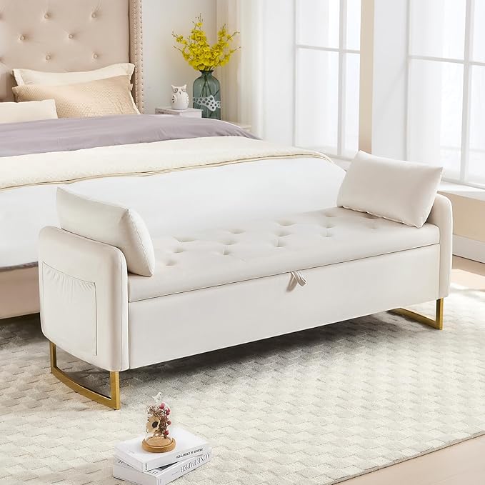 65" End of Bed Storage Bench King Size, Storage Ottoman Bench with Tufted Button Upholstered and Gold Legs, Bedroom Benches with Armrests for Living Room Window and Entryway, Beige