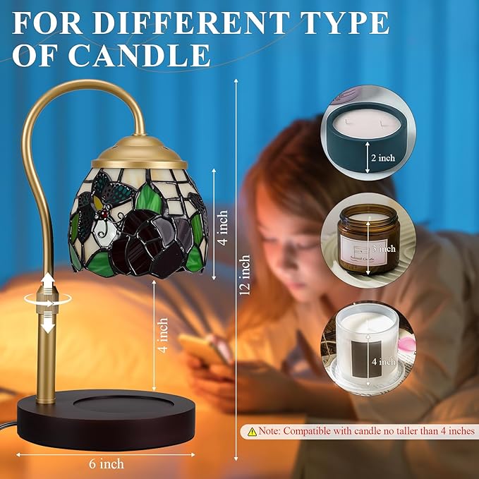 Candle Warmer Lamp with Timer Dimmer, Butterfly Tiffany Style Stained Glass Candle Lamp Warmer, Adjustable Wax Melt Warmer with 2 Bulbs for Small Jar Candles Christmas Birthday Gifts for Women