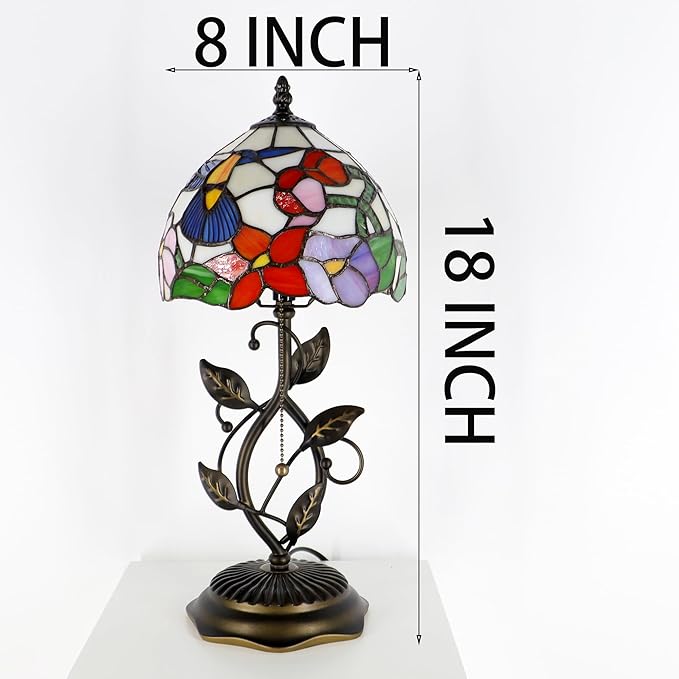 Small Tiffany Lamp Hummingbird Style Stained Glass Table Lamps Desk Bedside Reading Light 8X8X18 Inches with Bronze Metal Leaf Resin Base