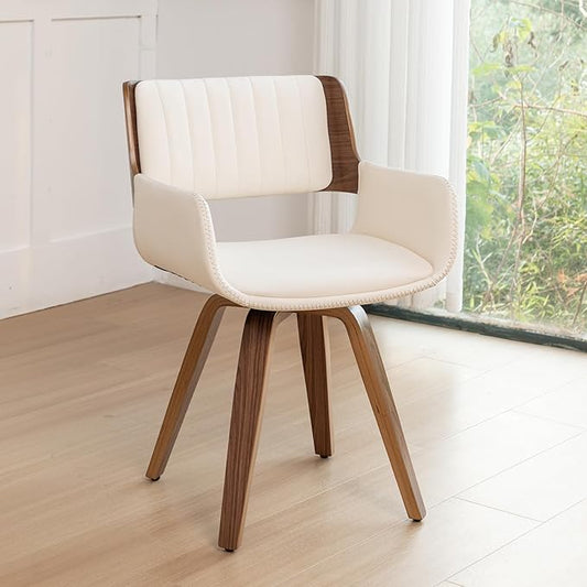 LUNLING Swivel Accent Faux Leather Dining Chairs, Mid Century Modern Chairs with Wooden Legs/Armrest/Upholstered Seat/Adjustable Foots for Kitchen Dining Room Desk Chairs,Beige,1PCS
