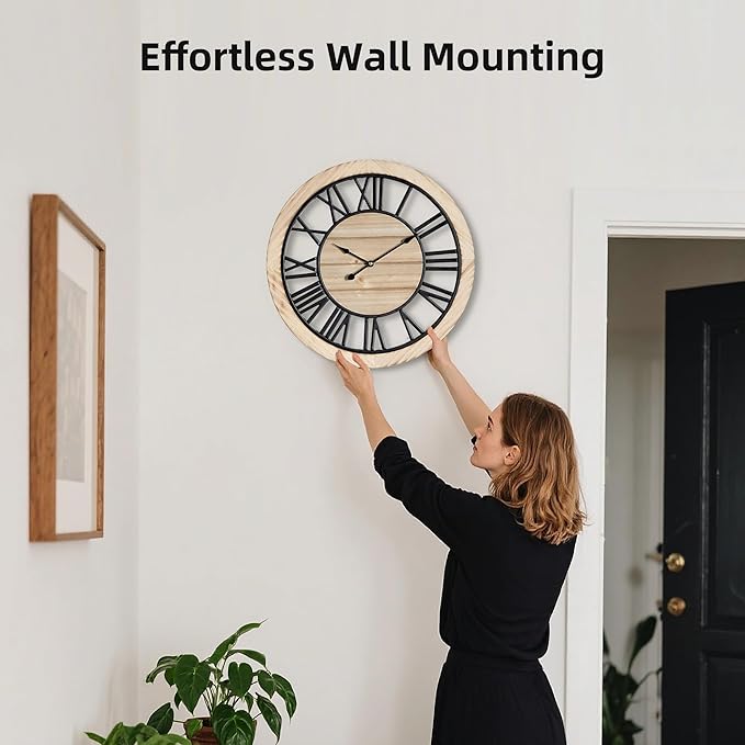 Maxstar 16'' Wall Clock for Living Room Decor, Ultra-Silent Rustic Wooden Farmhouse Wall Clock with Metal & Real Wood Frame, Battery Operated, for Kitchen Bedroom Office, Roman Numerals