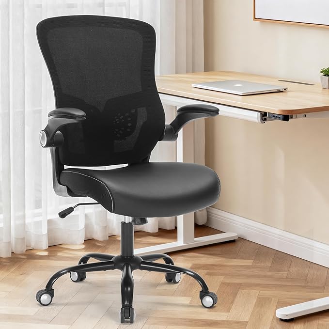 Office Chai PU Leather Cushion, Ergonomic Desk Chair with Flip-Up Arms, 300 LBS Home Office Desk Chairs Adjustable Seat Height & Lumbar Support, Executive Comfy Swivel Task Computer Chair