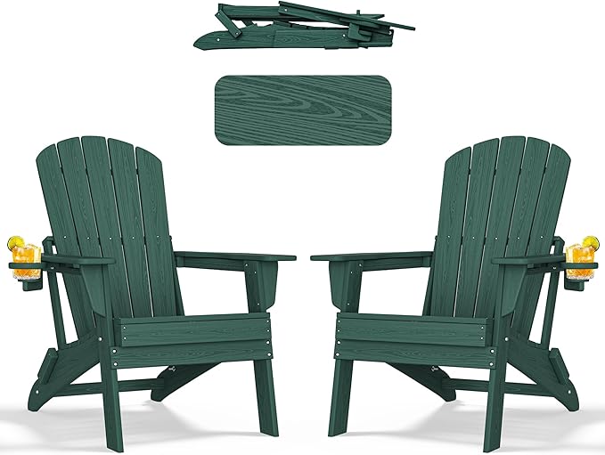 nevilywood Folding Adirondack Chair - Extended Ergonomic Backrest, Cup Holder - Easy Assembly - Durable HDPE Plastic, Weather Resistant & Maintenance-Free - Lawn, Patio, Deck Supports 380lbs Green