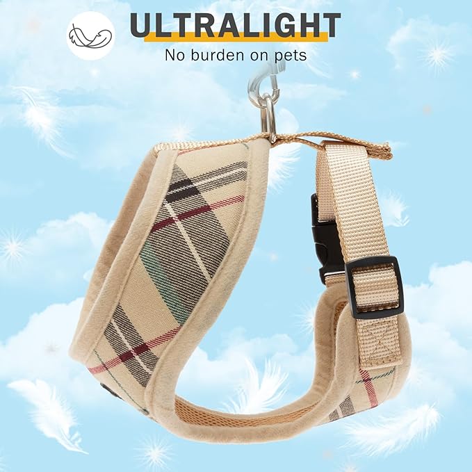 SCENEREAL Puppy Dog Harness with Leash Set for Small Medium Sized Dogs, Soft Mesh Step in Pet Harnesses and Leash, No Chock Plaid Adjustible No Pull Vest for Dogs Cats, Chihuahua,Bulldog (Beige S)