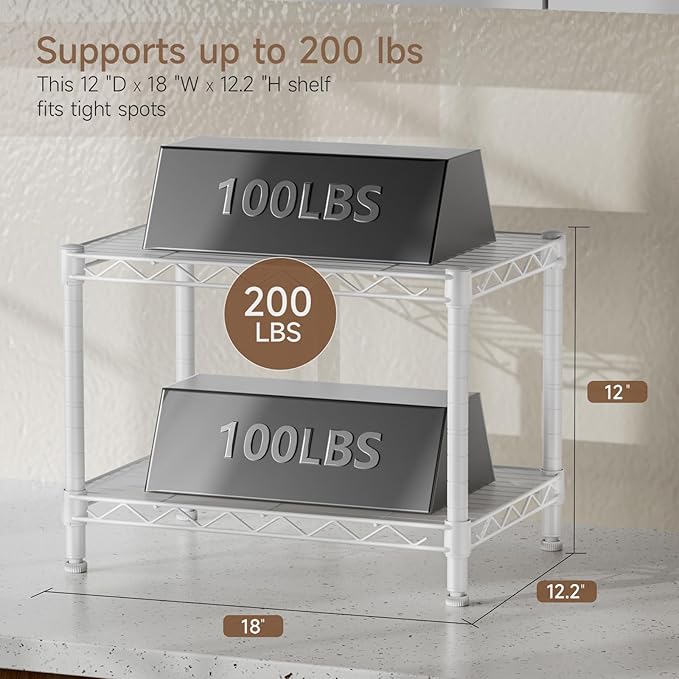 Small 2 Tier Shelves Storage Wire Shelving Unit Metal Shelf Adjustable Organizers Storage Shelving for Bathroom Laundry Room Kitchen Pantry12”D x 18”W x 12.2”H White