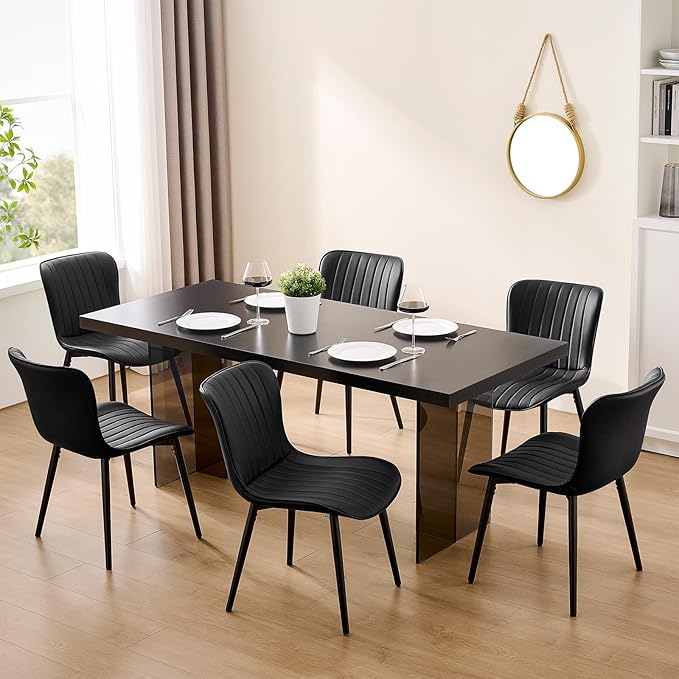 Modern Dining Chairs Set of 4, Heavy Duty Upholstered Side Chairs with Faux Leather, Comfortable Cushions & Durable Metal Legs with Adjustable Feet, Perfect for Kitchen, Dining Room (Black)
