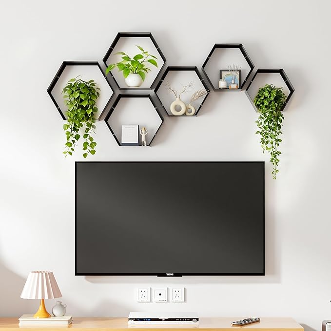 Gonice Black Metal Hexagon Floating Shelves Set of 6 Honeycomb Shelves Home Decor Wall Shelf for Living Room Bedroom Office