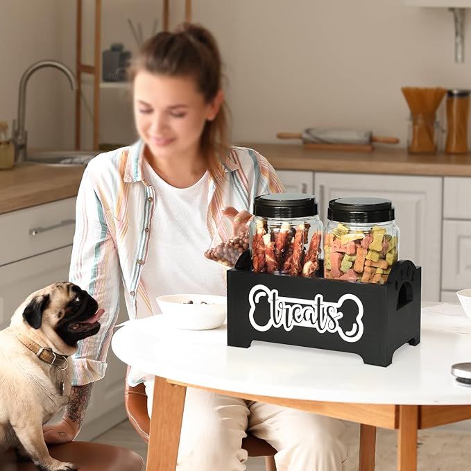 Dog Treat Container Dog Food Container for Dog Food Storage, Farmhouse Cat Food Container Pet Food Storage Organizer, Wood Dog Treat Holder with 2 Plastic Cat Dog Treat Jars, Black Cat Treat Container