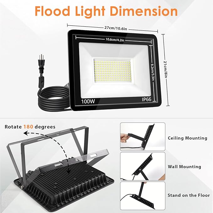 100W LED Flood Light Outdoor 6500K Daylight White,12000LM Super Brighter LED Work Light,IP66 Waterproof Security Light with Switch and Plug for Garage, Garden, Yard, Stadium 2Pack