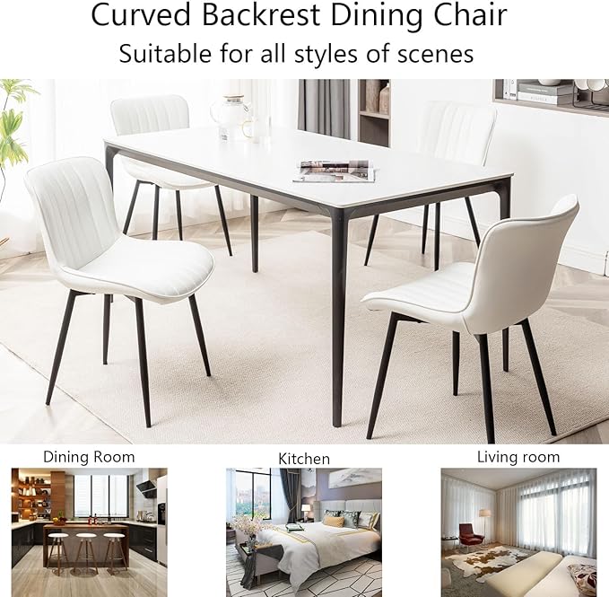 Leather Dining Chairs Set of 4, Upholstered Dining Room Chairs with Metal Legs, Modern Dining Chair for Dining Room, Kitchen (White)