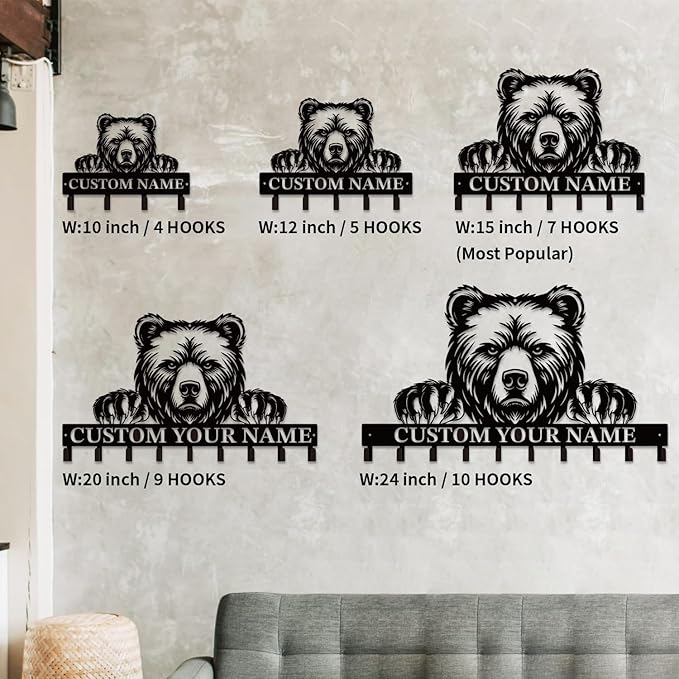 Personalized Custom Name Bear Key Wall Hooks,Metal Bear Keys Clothes Hooks,Metal Bear Wall Home Storage Decorative,For Front Door, Hallway, Kitchen, Bedroom,Keys,Hats (Style B)