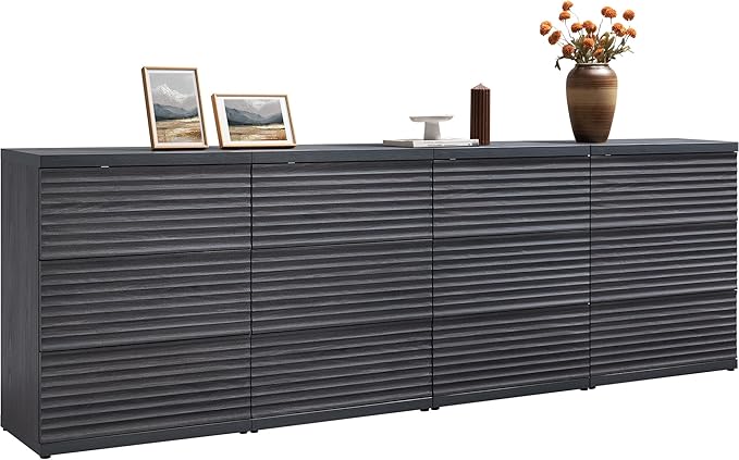 SICOTAS Buffet Cabinet with Storage, Modern Accent Sideboard Credenza with 3 Larger Drawers, Fluted Media Console Mid Century Coffee Bar Table for Living Room Kitchen, Dark Grey Alder (4 PCS)