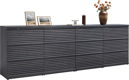SICOTAS Buffet Cabinet with Storage, Modern Accent Sideboard Credenza with 3 Larger Drawers, Fluted Media Console Mid Century Coffee Bar Table for Living Room Kitchen, Dark Grey Alder (4 PCS)