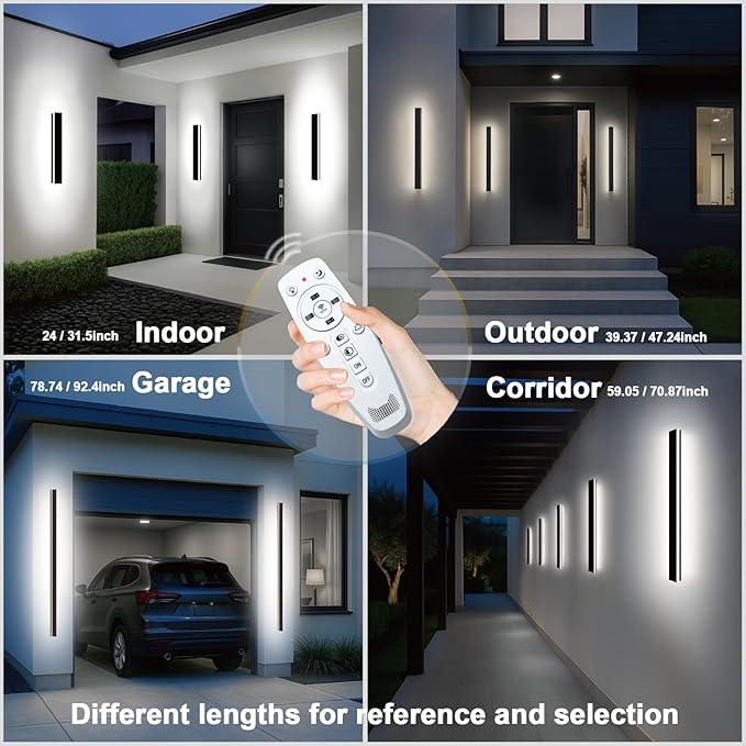 2 Pack Outdoor Wall Lights for House,Waterproof 3CCT Color Selectable Outdoor Sconce Light,Long Strip Wall Sconce with Remote for Outdoor/Indoor Black Wall Lighting 24in