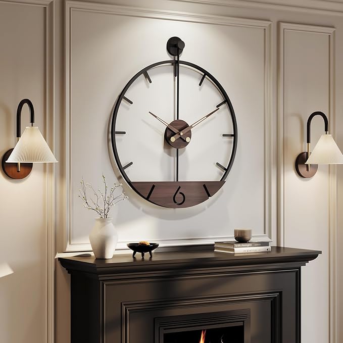 Cuspin Extra Large Wall Clock 36 Inch Modern Black Metal Clock with Walnut Wood Dial, Silent Non-Ticking Oversized Decorative Battery Powered Big Clock for Living Room, Kitchen, Office, Bedroom