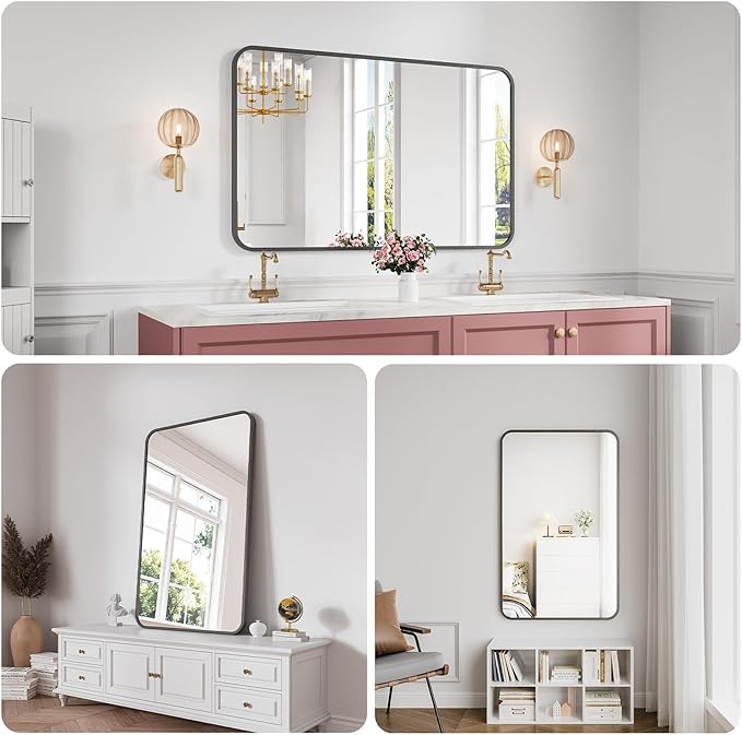 Koonmi Bathroom Mirror, 30X48 Brushed Black Metal Framed Wall-Mounted Mirror for Over Sink, HD Tempered Glass, Anti-Rust, Rounded Rectangle Mirror for Restroom, Bedroom, Hangs Horizontal or Vertical