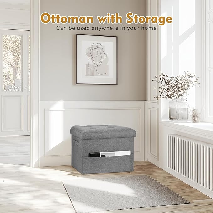 Storage Ottoman Foot Rest, Folding Linen Foot Stool with Thicker Foam Padded Seat. Small Ottoman with Storage Bench for Bedroom Living Room, Holds Up to 300 lbs, 17x13x13IN (Light Gray)