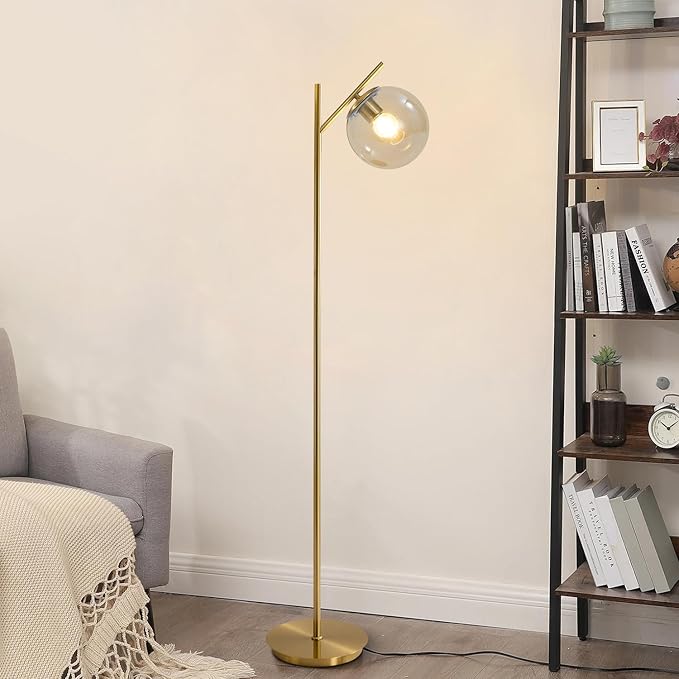 Mid Century Modern Floor Lamp for Living Room Retro Vintage Brass Standing Light Industrial Cognac Glass Globe Floor Freestanding Lamp for Office Hotel Bedroom
