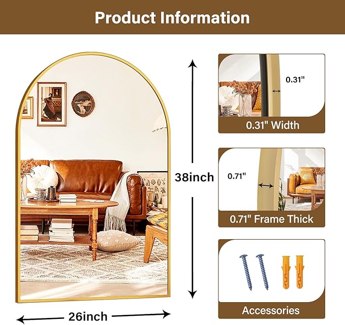 26"x38" Arched Wall Mirror for Bathroom, Gold Vanity Mirror for Bedroom, Living Room, Entryway, Decorative Hanging Mirror for Wall