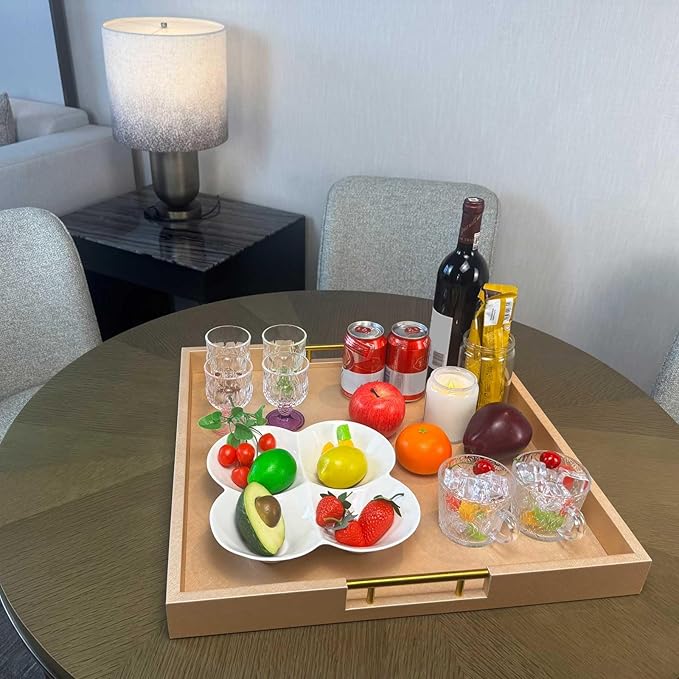 20x20 Inches Large Champagne Faux Leather Wrapped Wood Ottoman Tray with Handles for All Occasions, Serving Breakfast On Bed, Home Decor Decorative, Living Room,Square Coffee Table Organizer