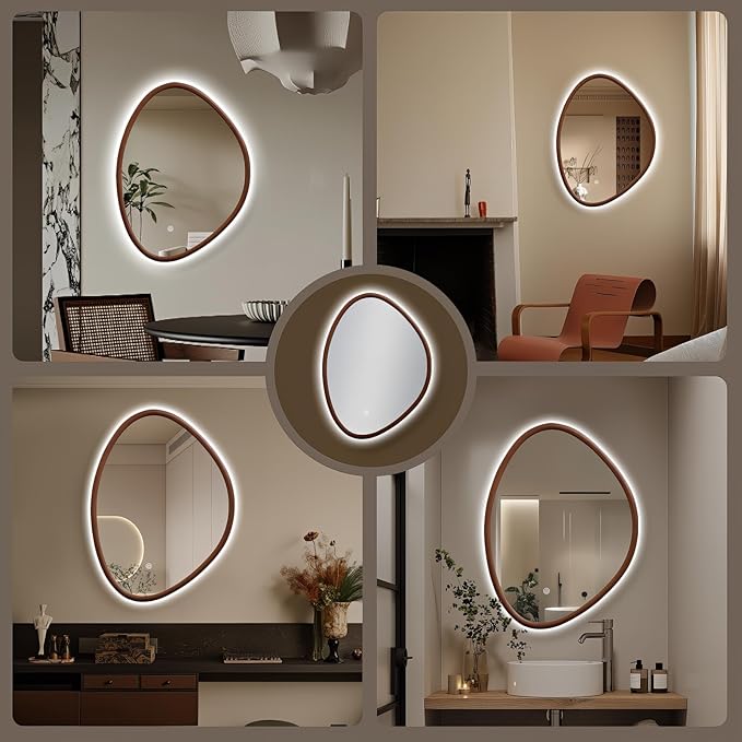 Irregular LED Bathroom Mirror with Lights, 32"x24" Wood Framed LED Vanity Mirror, Anti-Fog Smart Mirror with 3 Colors Dimmable for Living Room Bathroom Entryway, Walnut