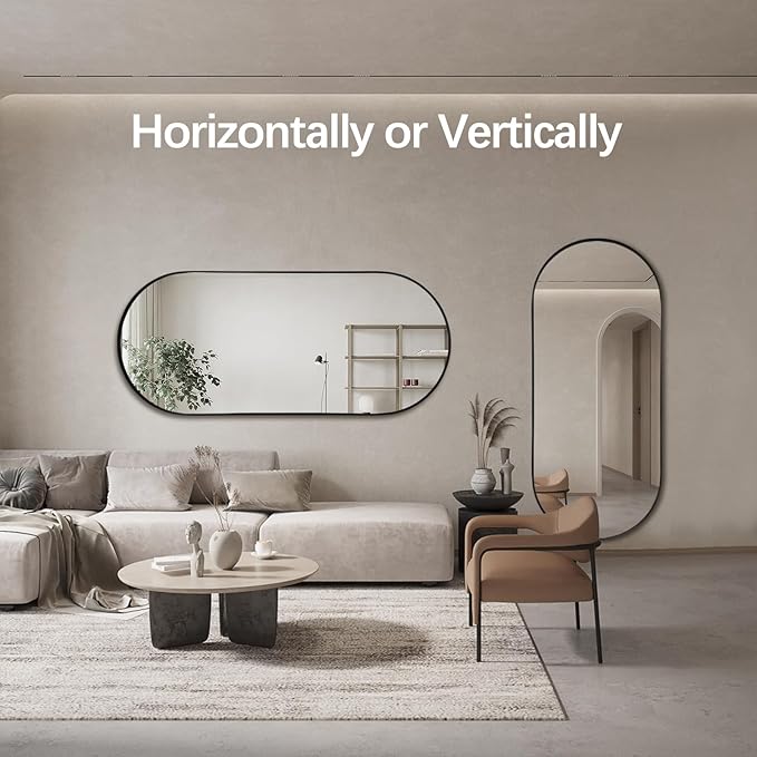 Oval Full Length Mirror, 71"×32" Wall-Mounted Floor Mirror with Metal Frame, Ultra-Clear Explosion-Proof Dressing Mirror, Simple and Classic Deco for Cloakroom/Bedroom/Living Room, Black