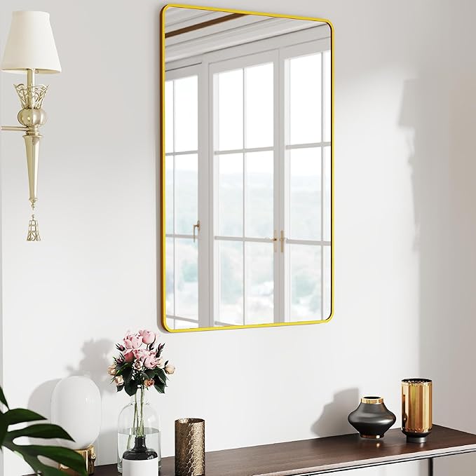 24x36 Mirror Rectangle Full Length Wall Mounted or Against Wall Aluminum Alloy Metal Frame Dressing Mirrors for Entryway Bedroom Bathroom Living Room 36x24 inch Gold
